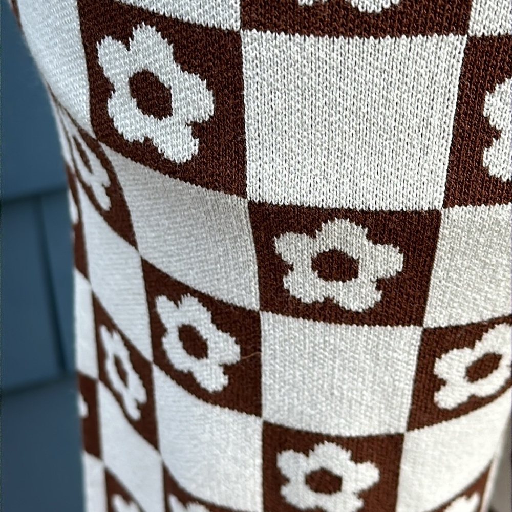 VGUC Brown/White Two-Toned Floral & Checkered Wide Leg Stretch Pants Women’s Lg - Picture 4 of 10